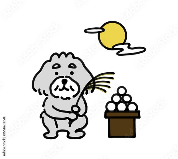 Obraz お月見をする手描きの犬