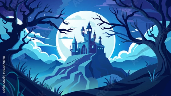 Fototapeta Mysterious Castle on a Hill Under a Full Moon: Spooky Night Landscape with Silhouetted Trees and Clouds