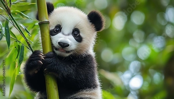 Fototapeta Baby panda hugging bamboo stalk, soft diffused light, natural forest background