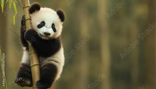 Fototapeta Baby panda hugging bamboo stalk, soft diffused light, natural forest background