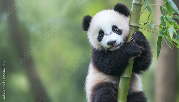 Fototapeta Baby panda hugging bamboo stalk, soft diffused light, natural forest background