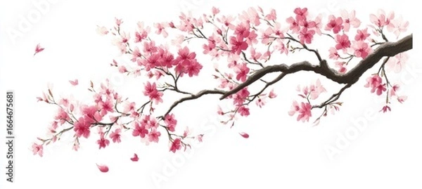 Fototapeta Delicate pink cherry blossom branch flowering, soft petals drifting against pristine white backdrop during spring season
