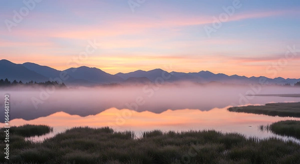 Obraz A wide-angle panoramic view of a misty mountain range at sunrise, with vibrant pastel sky and soft reflections in a lake—serene, nature-driven editorial look