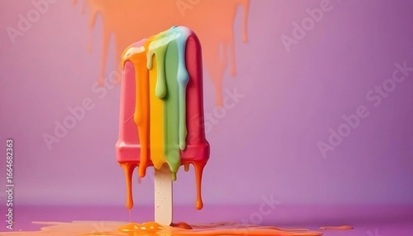 Fototapeta A colorful rainbow popsicle melts, creating a vibrant and artistic scene on a purple background.