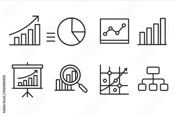 Fototapeta Data analytics and statistics line icon set. Business report and financial analysis symbols. Chart, graph, diagram for infographic visualization. Vector data research concept.