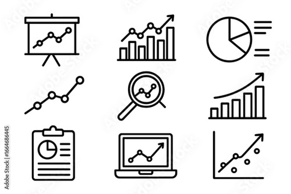 Fototapeta Data analytics and business intelligence line icon set. Financial report, statistics, and marketing analysis visualization. Infographic elements for charts and graphs.