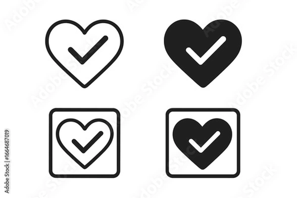 Fototapeta Heart with checkmark icon set. Love, like, and favorite symbol. Approved, correct, and validated sign. Health care quality check. Done, vote, and choice concept vector.
