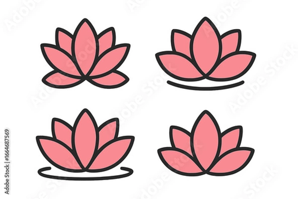Fototapeta Set of four pink lotus flower vector icons. Simple clean symbols for spa, yoga, meditation, and wellness concepts. Beauty and harmony logo template collection illustration.