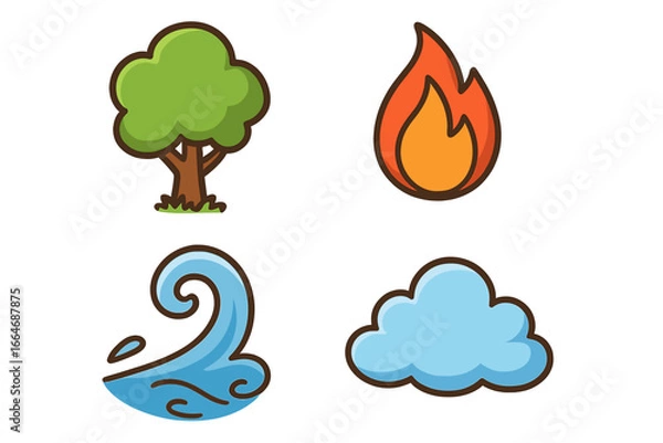 Fototapeta Four elements of nature icon set. Earth, air, fire, and water symbols. Cute cartoon vector illustration with a tree, cloud, flame, and wave for design. Simple flat icons.