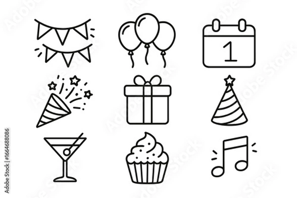 Fototapeta Party celebration line icon set. Festive collection for birthday, event, holiday. Vector icons of gift, balloon, cake, calendar, hat, music, drink. Outline design elements.