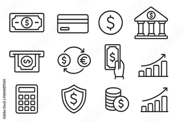 Fototapeta Finance and banking line icon set. Vector symbols for money, payment, and currency exchange. Includes icons for investment growth, bank, ATM, and secure transactions.
