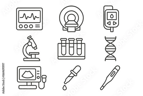 Fototapeta Medical technology line icon set. Healthcare devices for analysis, lab, and diagnostics. Vector outline icons of ECG, MRI, DNA, ultrasound, microscope, and diabetes test.