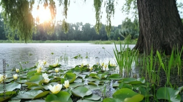 Fototapeta Serene Lake with Water Lilies and Sunlight Through Willows at Dusk in a Tranquil Natural Setting