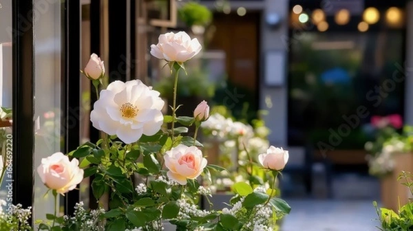 Fototapeta Beautiful Rose Blooms in Sunlit Garden Setting with Soft Colors and Bokeh Background Effects