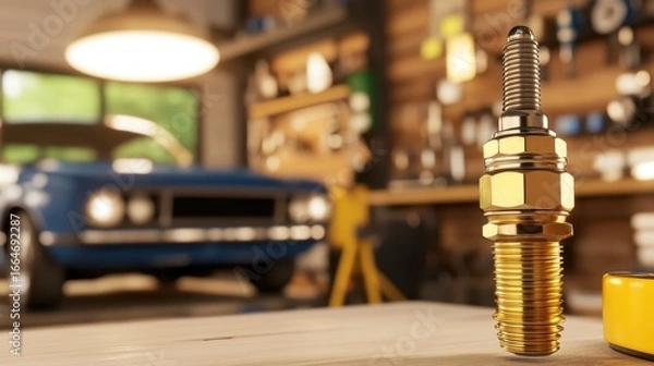 Fototapeta Close-Up of Spark Plug in Garage with Vintage Car in Background Surrounded by Tools and Workshop Equipment