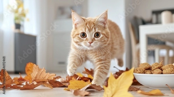 Fototapeta Playful Ginger Cat Surrounded by Colorful Autumn Leaves in a Cozy Indoor Setting