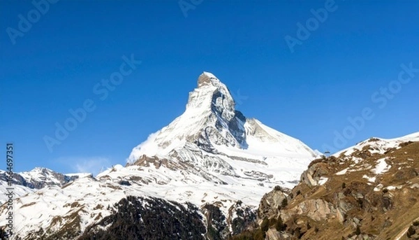 Obraz Iconic Matterhorn mountain peak in Switzerland with snowy summit. Perfect for travel posters, tourism branding, and adventure ads.