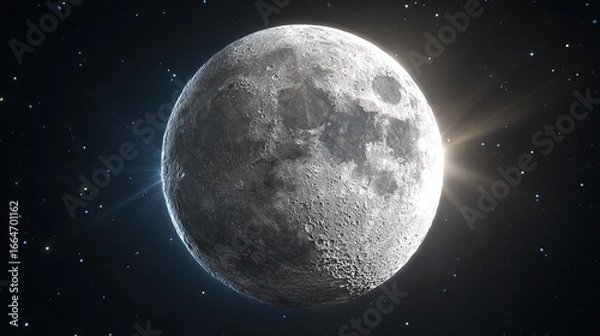 Fototapeta The Moon: Earth's only natural satellite, bathed in sunlight against a star-filled sky. A classic celestial view showcasing craters and lunar landscape.