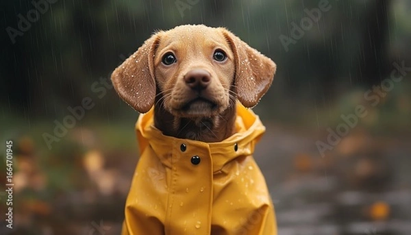 Fototapeta Puppy wearing tiny raincoat, soft daylight drizzle, cinematic close view