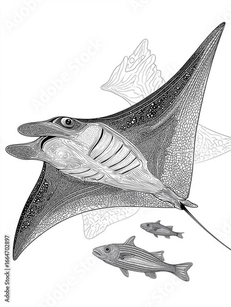 Obraz Manta ray with fish coloring page illustration
