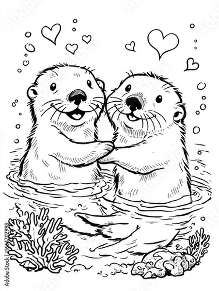 Fototapeta Adorable otter couple holding hands in water coloring page
