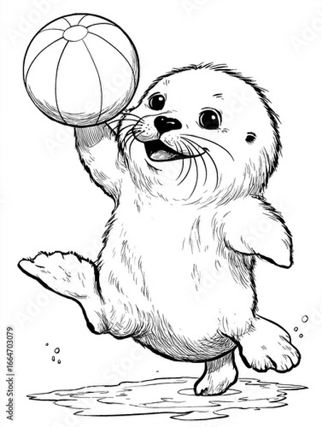 Obraz Cute baby seal illustration playing with a beach ball
