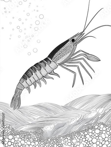 Obraz Detailed shrimp illustration with ocean foam and bubbles
