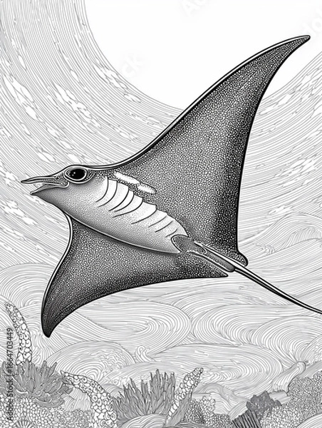 Obraz Manta ray underwater black and white line art drawing
