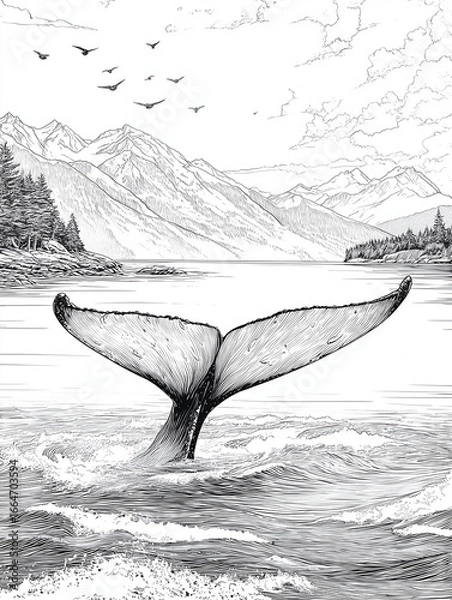 Fototapeta Whale tail emerging from ocean black and white line drawing
