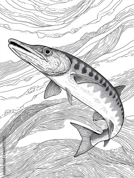 Obraz Detailed black and white illustration of a barracuda swimming in stylized water currents

