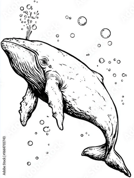 Obraz Black and white illustration of a whale swimming underwater with bubbles rising
