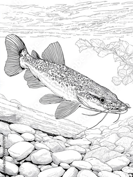 Obraz Black and white line art of a catfish swimming underwater among rocks and driftwood
