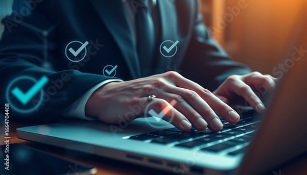 Fototapeta Person's hands with ring typing on laptop with checkmarks and data image photo