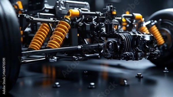 Fototapeta Close-up view of a vehicle's intricate chassis and suspension system, showcasing mechanical components and yellow shock absorbers.