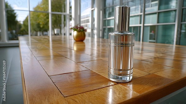Obraz Elegant perfume bottle displayed on a polished wooden table in a modern, sunlit space
