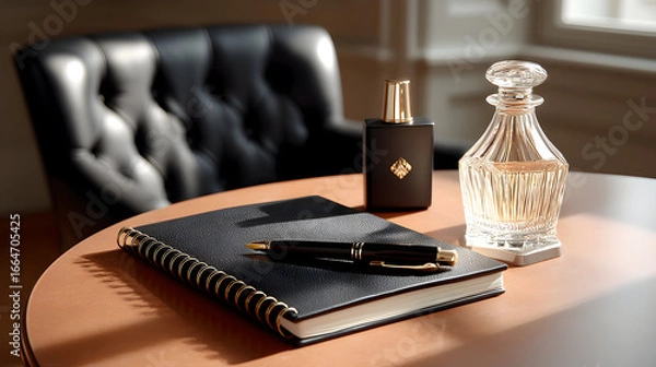 Obraz Elegant workspace with leather journal, pen, and perfume bottle, perfect for luxury branding