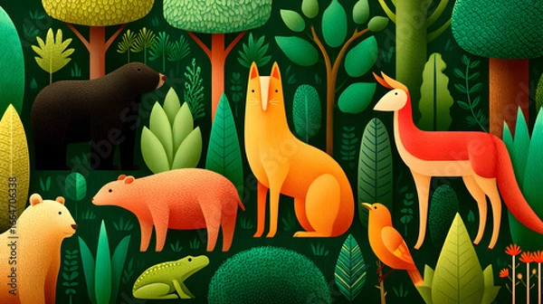 Obraz Whimsical forest scene with colorful animals and lush greenery, perfect for children's designs