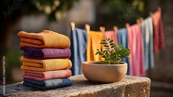 Obraz Soft colorful towels stacked with plant and laundry drying on clothesline, home decor