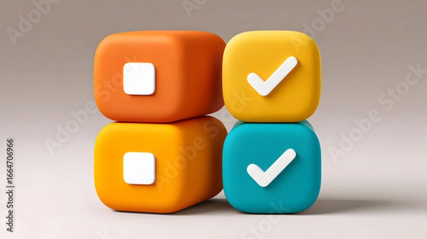 Obraz Colorful 3D cubes with check marks symbolize success, approval, and task completion