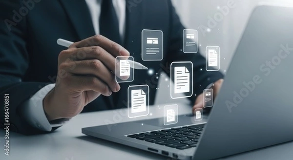 Fototapeta Professional reviewing digital document on laptop, representing data management and business workflow