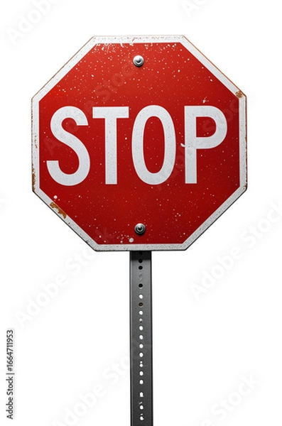 Fototapeta Red octagonal stop sign with bold white “STOP” text, mounted on a metal pole, isolated on transparent background.