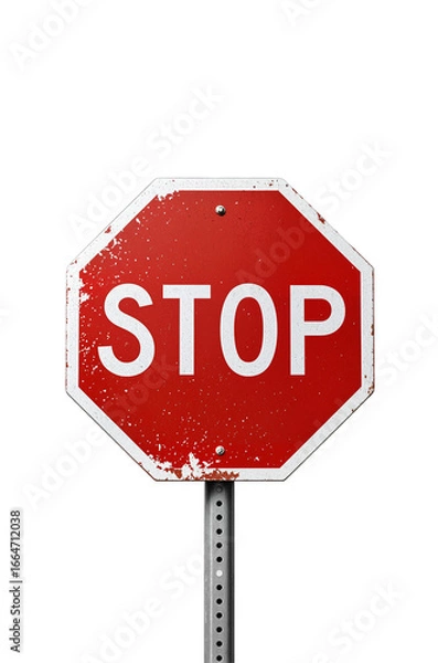 Fototapeta Red octagonal stop sign with bold white “STOP” text, mounted on a metal pole, isolated on transparent background.
