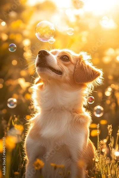 Fototapeta Puppy chasing bubbles in garden, golden sunlight, cinematic shallow depth