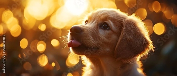 Fototapeta Puppy licking camera lens, playful golden light, cinematic macro