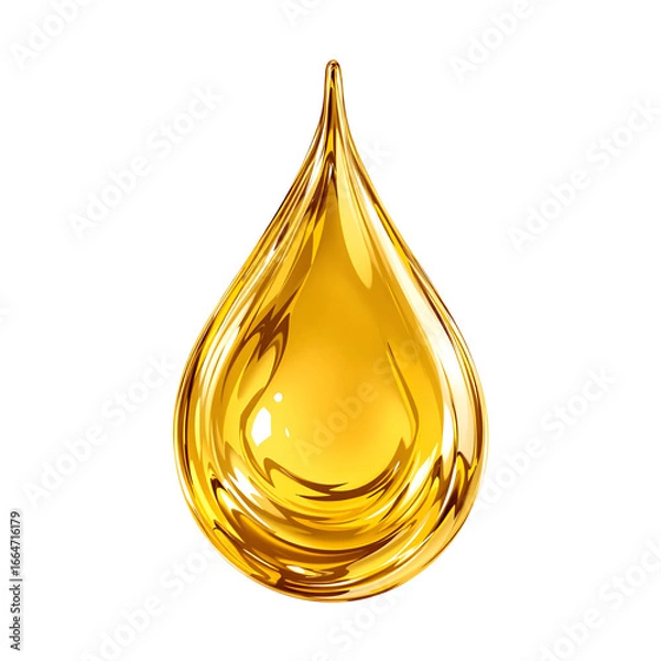 Obraz A single, perfect drop of shiny golden liquid, representing cosmetic serum, cooking oil, or industrial lubricant, isolated on a white background
