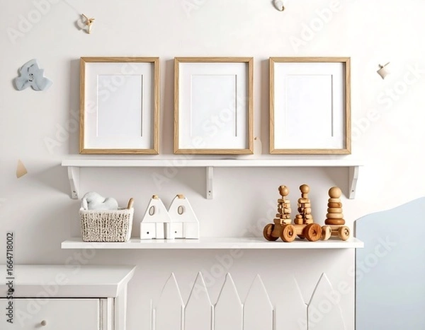 Fototapeta Minimalist Nursery Shelf with Blank Frames, Wooden Toys, and Neutral Decor