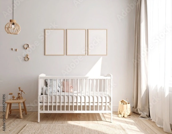 Fototapeta Sunlit Nursery with Minimalist Crib and Triptych Mockup