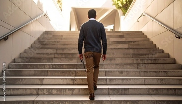 Fototapeta スマートカジュアルなニットとパンツで階段を上る後ろ姿 建築背景
