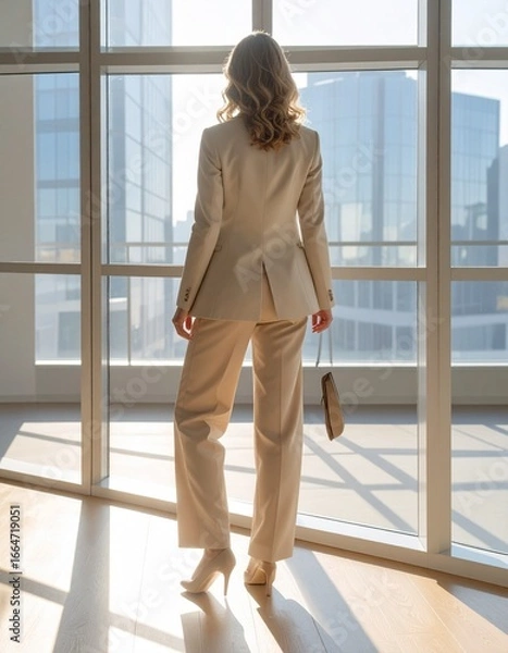 Fototapeta 大きな窓から自然光が差し込むモダンなオフィスで、ブレザーとスラックスを着用した人物を背面から捉えた構図です。明るく開放的な雰囲気があり、ビジネス記事、企業広告、採用資料、働き方やオフィス環境に関するコンテンツに適しています。