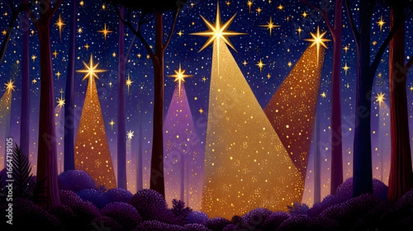 Obraz Magical forest night scene with radiant stars illuminating the trees creating wonder